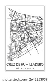 Hand drawn printable downtown road map poster of district CRUZ DE HUMILLADERO of the Spanish city of MÁLAGA on solid white background with city name