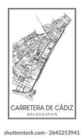 Hand drawn printable downtown road map poster of district CARRETERA DE CÁDIZ of the Spanish city of MÁLAGA on solid white background with city name