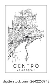 Hand drawn printable downtown road map poster of district CENTRO of the Spanish city of MÁLAGA on solid white background with city name