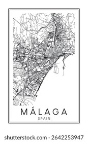 Hand drawn printable downtown road map poster of the Spanish city of MÁLAGA on solid white background with city name