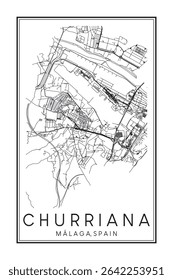 Hand drawn printable downtown road map poster of district CHURRIANA of the Spanish city of MÁLAGA on solid white background with city name