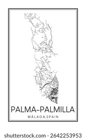 Hand drawn printable downtown road map poster of district PALMA-PALMILLA of the Spanish city of MÁLAGA on solid white background with city name