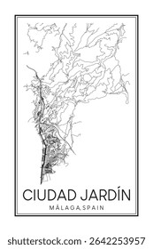 Hand drawn printable downtown road map poster of district CIUDAD JARDÍN of the Spanish city of MÁLAGA on solid white background with city name