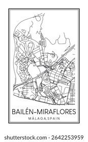 Hand drawn printable downtown road map poster of district BAILÉN-MIRAFLORES of the Spanish city of MÁLAGA on solid white background with city name