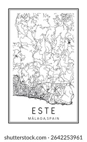 Hand drawn printable downtown road map poster of district ESTE of the Spanish city of MÁLAGA on solid white background with city name