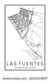 Cartaz do mapa rodoviário do centro de impressão desenhado à mão do distrito LAS FUENTES da cidade espanhola de SARAGOÇA sobre fundo branco sólido com nome da cidade