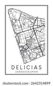 Poster desenhado à mão do mapa rodoviário do centro de impressão do distrito DELICIAS da cidade espanhola de SARAGOÇA sobre fundo branco sólido com o nome da cidade