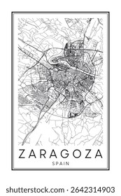 Cartaz impresso à mão do mapa rodoviário do centro da cidade espanhola de SARAGOÇA sobre fundo branco sólido com nome de cidade