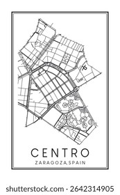 Cartaz de mapa rodoviário impresso desenhado à mão no centro do distrito CENTRO da cidade espanhola de SARAGOÇA sobre fundo branco sólido com nome de cidade