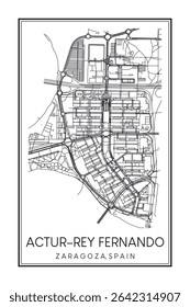 Cartaz do mapa rodoviário do centro de impressão desenhado à mão do distrito ATUR-REY FERNANDO da cidade espanhola de SARAGOÇA sobre fundo branco sólido com nome da cidade