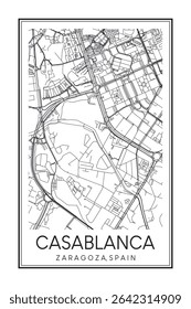 Cartaz de mapa rodoviário impresso desenhado à mão no centro do distrito de CASABLANCA da cidade espanhola de SARAGOÇA sobre fundo branco sólido com nome de cidade
