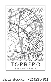Cartaz do mapa rodoviário do centro de impressão desenhado à mão do distrito TORRERO da cidade espanhola de SARAGOÇA sobre fundo branco sólido com nome da cidade