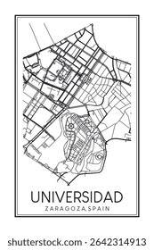 Cartaz do mapa rodoviário do centro de impressão desenhado à mão do distrito UNIVERSIDAD da cidade espanhola de SARAGOÇA sobre fundo branco sólido com o nome da cidade