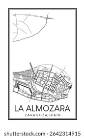 Cartaz impresso à mão do mapa rodoviário do centro do distrito LA ALMOZARA da cidade espanhola de SARAGOÇA sobre fundo branco sólido com nome da cidade