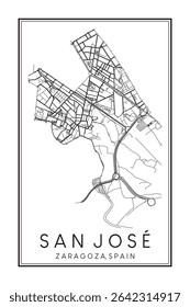 Cartaz impresso à mão do mapa rodoviário do centro do distrito SAN JOSÉ da cidade espanhola de SARAGOÇA sobre fundo branco sólido com nome de cidade