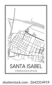 Cartaz de mapa rodoviário desenhado à mão no centro da cidade de SANTA ISABEL da cidade espanhola de SARAGOÇA sobre fundo branco sólido com o nome da cidade