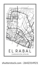 Cartaz de mapa rodoviário desenhado à mão do centro de EL RABAL do distrito da cidade espanhola de SARAGOÇA sobre fundo branco sólido com nome de cidade