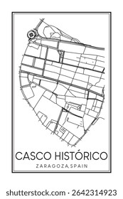 Cartaz de mapa rodoviário impresso desenhado à mão no centro do distrito CASCO HISTÓRICO da cidade espanhola de SARAGOÇA sobre fundo branco sólido com nome de cidade