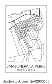 Cartaz de mapa rodoviário desenhado à mão no centro de SANGONERA LA VERDE do distrito da cidade espanhola de MÚRCIA sobre fundo branco sólido com nome de cidade