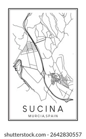 Hand drawn printable downtown road map poster of district SUCINA of the Spanish city of MURCIA on solid white background with city name