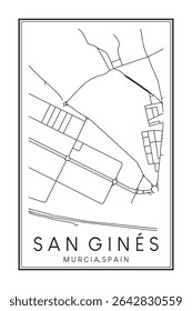 Hand drawn printable downtown road map poster of district SAN GINÉS of the Spanish city of MURCIA on solid white background with city name