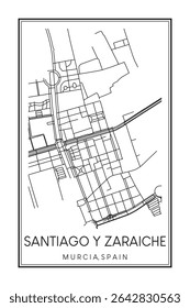 Hand drawn printable downtown road map poster of district SANTIAGO Y ZARAICHE of the Spanish city of MURCIA on solid white background with city name