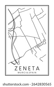 Cartaz de mapa rodoviário do centro de impressão desenhado à mão do distrito ZENETA da cidade espanhola de MÚRCIA sobre fundo branco sólido com nome de cidade