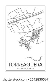 Cartaz desenhado à mão do mapa rodoviário do centro de TORREAGÜERA do distrito da cidade espanhola de MÚRCIA sobre fundo branco sólido com o nome da cidade