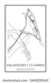 Cartaz de mapa rodoviário do centro de impressão desenhado à mão do distrito VALLADOLISES Y LO JURADO da cidade espanhola de MÚRCIA sobre fundo branco sólido com nome de cidade