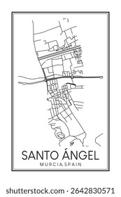 Hand drawn printable downtown road map poster of district SANTO ÁNGEL of the Spanish city of MURCIA on solid white background with city name