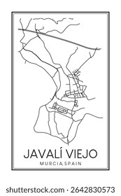 Hand drawn printable downtown road map poster of district JAVALÍ VIEJO of the Spanish city of MURCIA on solid white background with city name