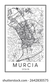 Hand drawn printable downtown road map poster of the Spanish city of MURCIA on solid white background with city name