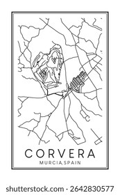 Hand drawn printable downtown road map poster of district CORVERA of the Spanish city of MURCIA on solid white background with city name