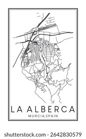Hand drawn printable downtown road map poster of district LA ALBERCA of the Spanish city of MURCIA on solid white background with city name