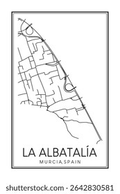 Hand drawn printable downtown road map poster of district LA ALBATALÍA of the Spanish city of MURCIA on solid white background with city name