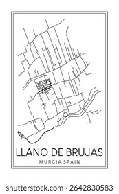 Hand drawn printable downtown road map poster of district LLANO DE BRUJAS of the Spanish city of MURCIA on solid white background with city name