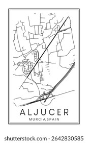 Cartaz desenhado à mão do mapa rodoviário do centro de impressão do distrito ALJUCER da cidade espanhola de MÚRCIA sobre fundo branco sólido com o nome da cidade