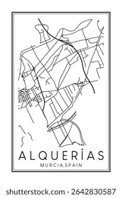 Cartaz de mapa rodoviário desenhado à mão no centro do distrito ALQUERÍAS da cidade espanhola de MÚRCIA sobre fundo branco sólido com nome de cidade