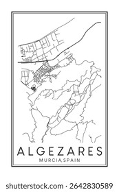 Cartaz desenhado à mão do mapa rodoviário do centro de impressão do distrito ALGEZARES da cidade espanhola de MÚRCIA sobre fundo branco sólido com o nome da cidade