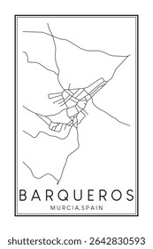 Hand drawn printable downtown road map poster of district BARQUEROS of the Spanish city of MURCIA on solid white background with city name
