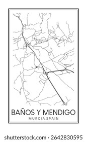 Cartaz de mapa rodoviário desenhado à mão no centro do distrito BAÑOS Y MENDIGO da cidade espanhola de MÚRCIA sobre fundo branco sólido com nome de cidade