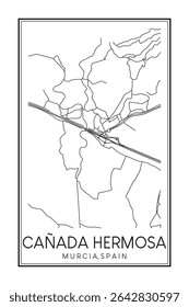 Cartaz desenhado à mão impresso no centro do mapa rodoviário do distrito CAÑADA HERMOSA da cidade espanhola de MÚRCIA sobre fundo branco sólido com nome de cidade