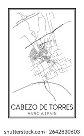 Hand drawn printable downtown road map poster of district CABEZO DE TORRES of the Spanish city of MURCIA on solid white background with city name