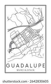 Cartaz impresso à mão do mapa rodoviário do centro do distrito de GUADALUPE da cidade espanhola de MÚRCIA sobre fundo branco sólido com o nome da cidade