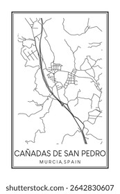 Cartaz impresso à mão do mapa rodoviário do centro do distrito CAÑADAS DE SAN PEDRO da cidade espanhola de MÚRCIA sobre fundo branco sólido com nome da cidade