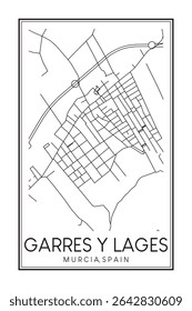 Hand drawn printable downtown road map poster of district GARRES Y LAGES of the Spanish city of MURCIA on solid white background with city name