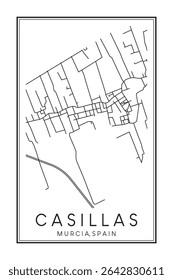 Cartaz de mapa rodoviário impresso desenhado à mão no centro do distrito CASILLAS da cidade espanhola de MÚRCIA sobre fundo branco sólido com nome de cidade