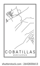 Hand drawn printable downtown road map poster of district COBATILLAS of the Spanish city of MURCIA on solid white background with city name