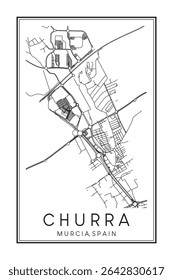 Cartaz do mapa rodoviário do centro de impressão desenhado à mão do distrito CHURRA da cidade espanhola de MÚRCIA sobre fundo branco sólido com nome da cidade
