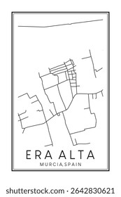 Hand drawn printable downtown road map poster of district ERA ALTA of the Spanish city of MURCIA on solid white background with city name